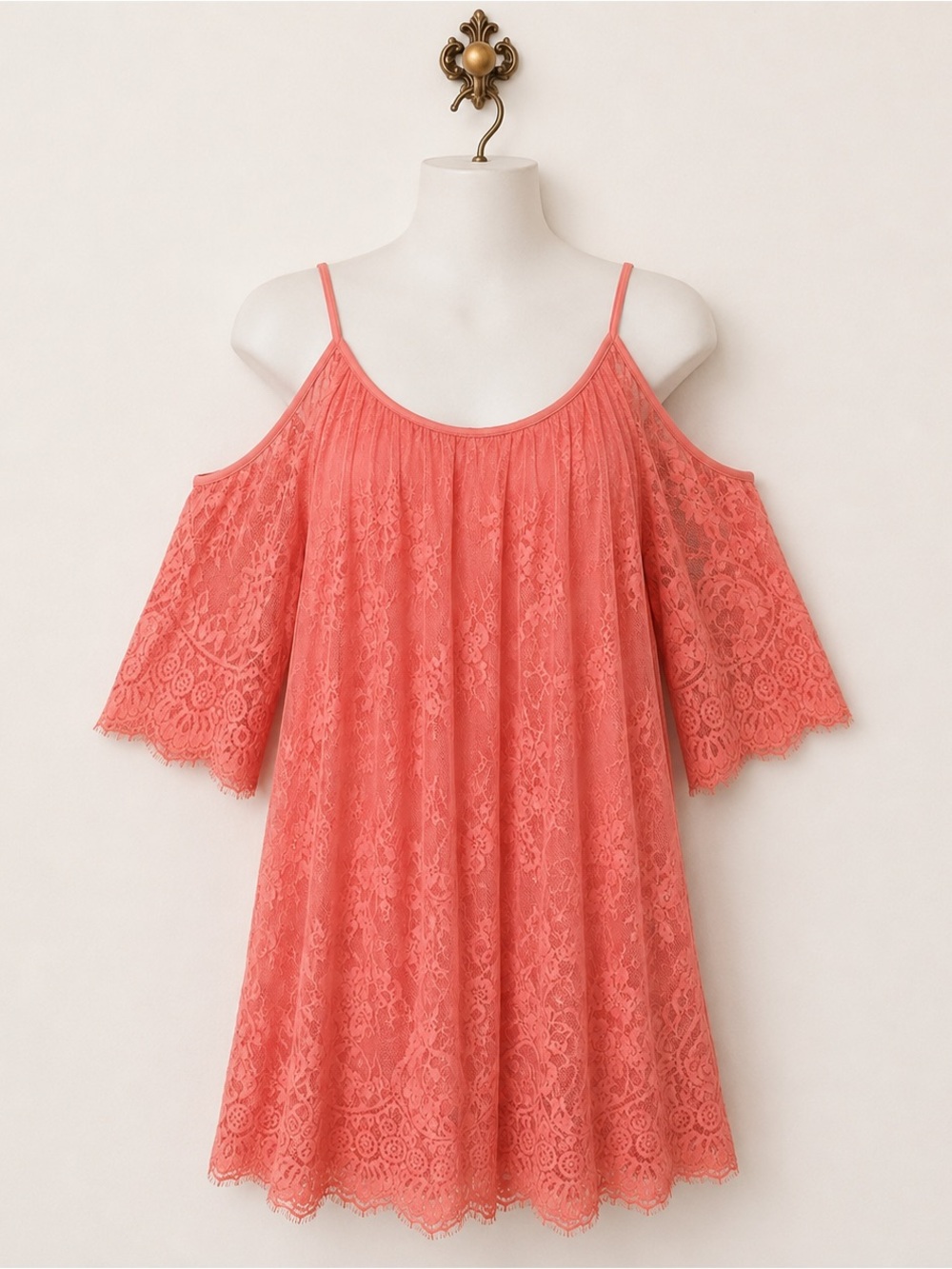 Francesca’s coral lace cold shoulder dress S